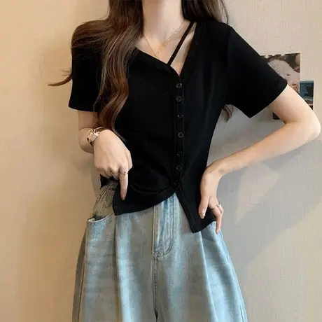 黑色V领设计感短袖T恤夏季新款韩系胖mm显瘦小衫不规则短款上衣女商品大图