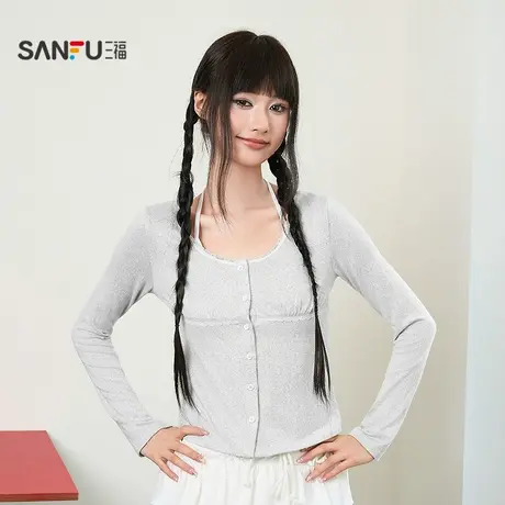 三福女秋季休闲贴蕾丝开衫 时尚个性宽松单衣上衣女509460图片