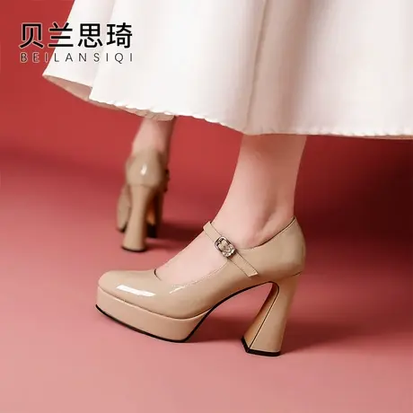 真皮一字带圆头厚底粗跟单鞋女2025春秋季模特走秀防水台高跟鞋图片