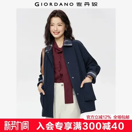 佐丹奴英伦风外套女装新款纯棉磨毛宽松拼接格纹翻领夹克05375679商品大图