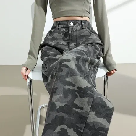 美式迷彩阔腿牛仔裤女2025秋季新款高腰宽松显瘦垂坠感直筒长裤子图片