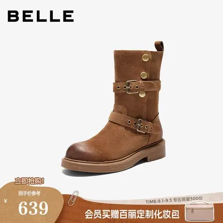 百丽复古厚底棕色西部堆堆靴女2025冬季新款牛仔短靴子E7Z1DDZ5预商品大图
