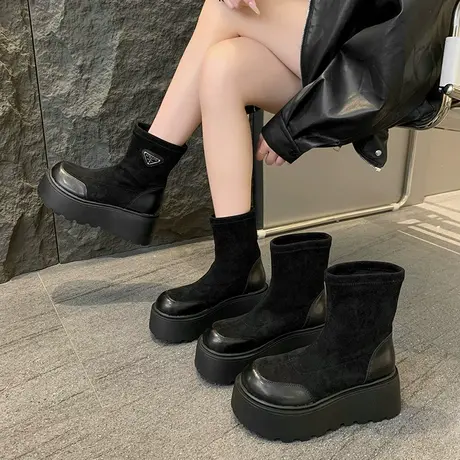 黑色厚底短靴女2025秋季新款增高时尚百搭瘦瘦靴气质小个子马丁靴商品大图