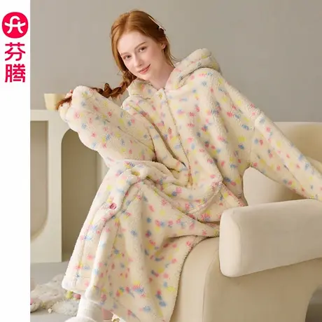 芬腾珊瑚绒睡袍女秋冬加绒加厚中长款睡裙可外穿连帽浴袍女2025年商品大图