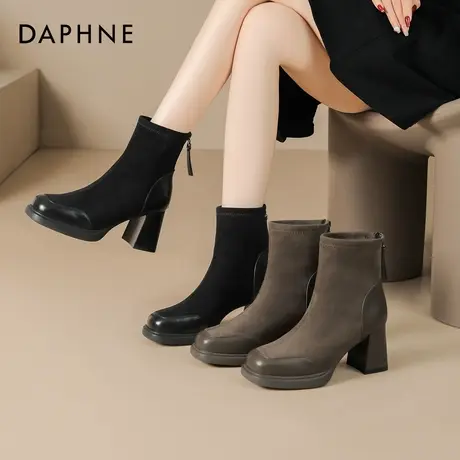 达芙妮高跟短靴女2025新款秋冬绒面弹力袜靴粗跟瘦瘦靴子马丁靴女图片