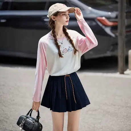 唐狮秋季新款长袖T恤女撞色插肩袖可爱小狗学生宽松休闲上衣TM商品大图