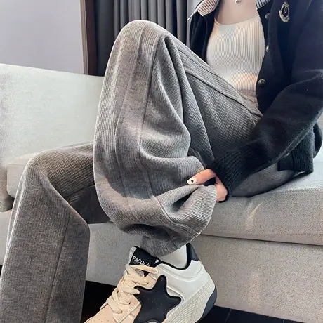 唐狮春秋新款女休闲裤宽松直筒阔腿裤显瘦百搭黑工装长裤 TD图片