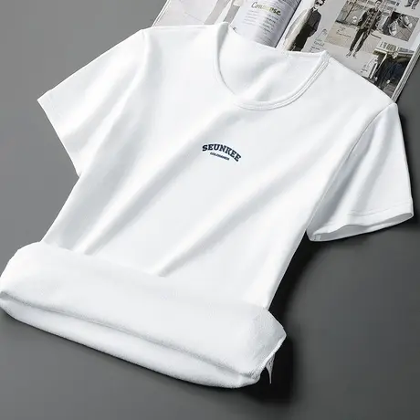 短袖t恤男装2023新款秋冬季保暖半袖加绒加厚潮流百搭白色打底衫商品大图