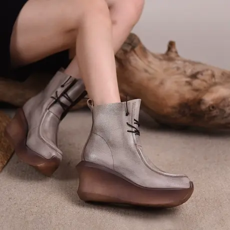 Artmu阿木原创复古厚底坡跟短靴女小个子靴子女显高松糕靴高跟靴图片