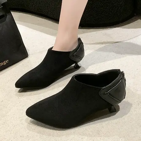 黑色高跟鞋低跟小跟磨砂绒面皮鞋女2023新款秋冬百搭尖头深口单鞋商品大图