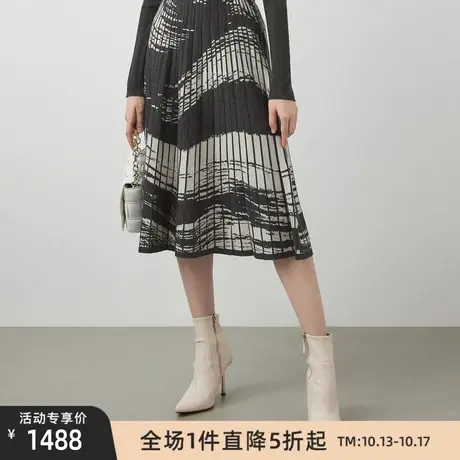 LANCY/朗姿俪雅冬季新款羊毛高腰半身裙女印花A字女百褶裙子图片