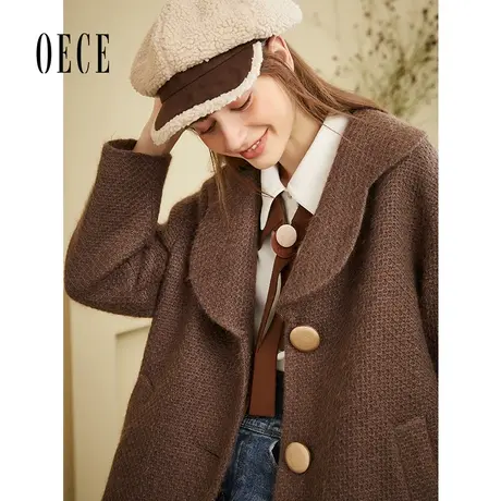 【买1送1】Oece冬装新款 复古治愈法式焦糖色设计感气质大衣外套商品大图