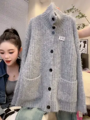 秋冬韩系慵懒风氛围感高龄宽松显瘦软糯针织中长款开衫毛衣外套洋图片