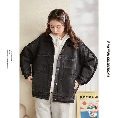 [商场同款]唐狮冬季棉衣女后背羊羔绒拼接牛仔棉服休闲百搭户外图片