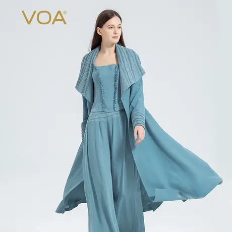 VOA重磅真丝40姆米冰蓝大翻领塔克褶设计插肩长袖加厚裙摆式风衣图片