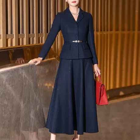 深蓝色毛呢职业套装女冬2023新款时尚气质洋气端庄长袖外套两件套商品大图