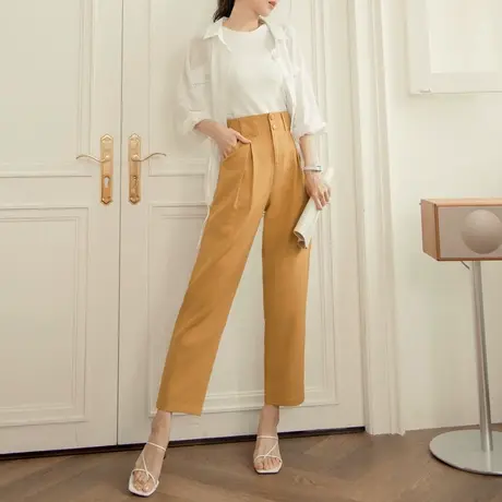 桔熊春夏季通勤雪纺长裤子女修身高腰打褶纯色直筒裤大码BA7032图片