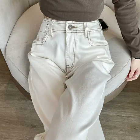 米白色高腰窄版阔腿牛仔裤女2025春秋新款直筒显瘦小个子拖地裤子商品大图