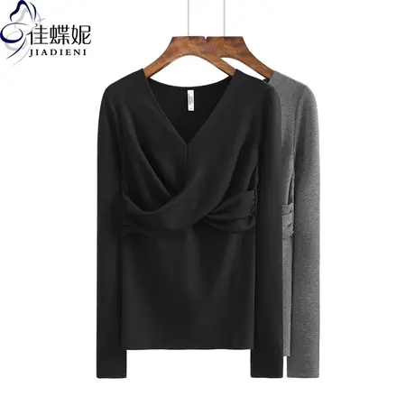 加绒保暖长袖打底衫秋冬新款韩版显瘦T恤内搭V领磨毛女装上衣商品大图