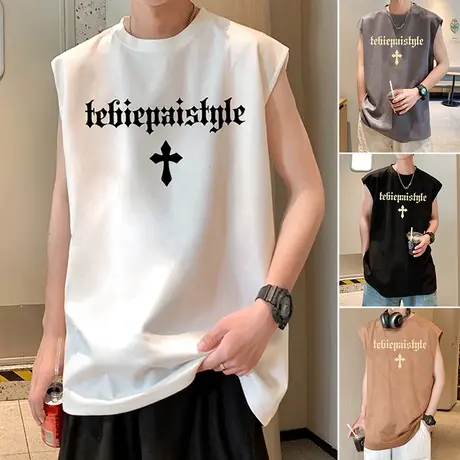 夏季新款麂皮绒背心男外穿高街字母印花无袖T恤美式休闲宽松坎肩图片