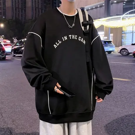 圆领运动卫衣男2024新款春秋季休闲套头外套ins宽松潮流打底上衣商品大图