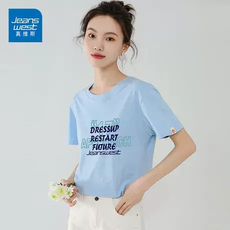 真维斯纯棉短袖女2022新款宽松T恤女简约字母印花打底衫潮ins商品大图