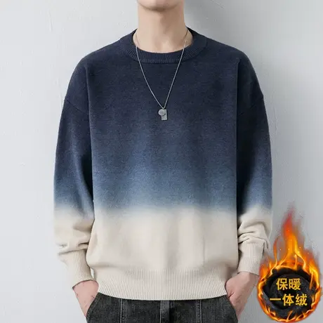 2023新款宽松男士渐变色毛衣加绒针织衫潮流青少年休闲羊毛衫冬装商品大图