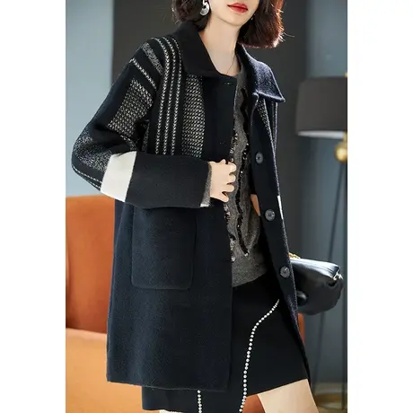 宝诗黎翻领拼接千鸟格针织外套2024春秋新款宽松中长夹克开衫上衣商品大图