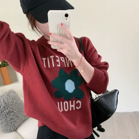 奶fufu韩版花朵套头宽松复古日系慵懒风软糯毛衣女秋冬2023年新款图片