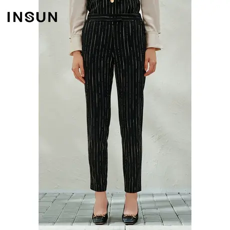 INSUN恩裳线上专选春季定染仿麻感条纹直筒铅笔裤图片