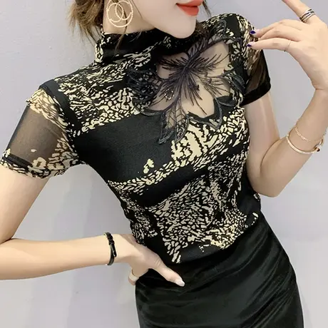 性感网纱短袖T恤女2024夏装新款拼接镂空洋气上衣半高领修身小衫商品大图