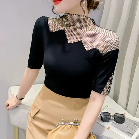 性感T恤女短袖2024夏季新款设计感镂空上衣紧身百搭小衫烫钻体恤图片