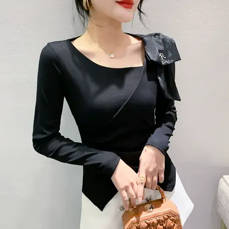 不规则网红T恤女长袖2024秋季新款下摆开叉上衣设计感修身打底衫商品大图