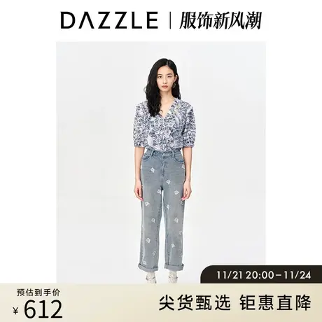 DAZZLE地素 奥莱复古蓝染民族印花镂空别致棉麻衬衫上衣女商品大图