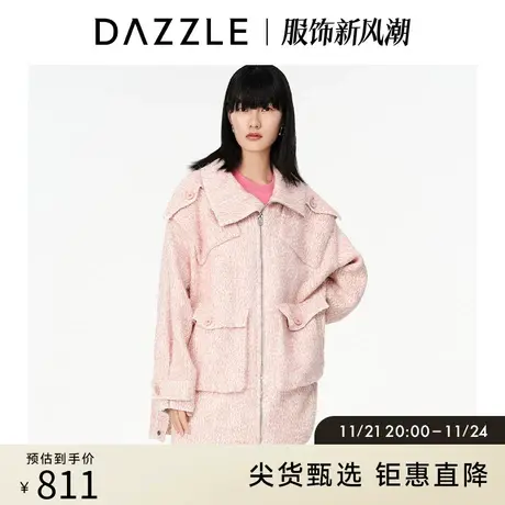 DAZZLE地素奥莱 甜酷工装风翻领中长款毛呢大衣女2D4G2141G图片