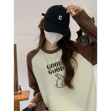 爆款插肩拼接撞色纯棉2023秋冬新款宽松插肩长袖t恤女百搭小众ins商品大图