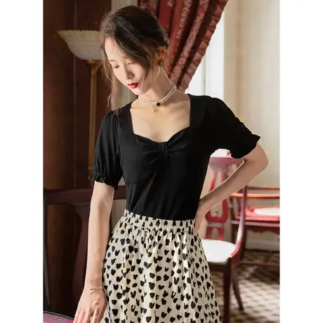 弥古黑色蝴蝶结短袖大方领t恤女夏季复古法式泡泡袖修身针织上衣商品大图