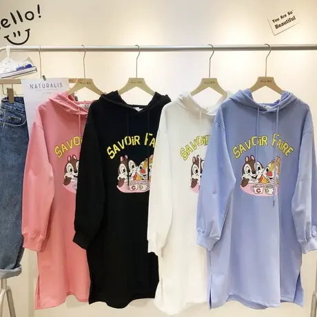 2020早春新款韩国东大门ins卡通松鼠连帽中长款包臀卫衣大码显瘦商品大图