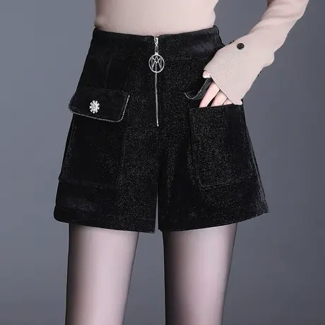 高腰阔腿短裤女秋冬2023新款洋气亮丝绒a型休闲裤百搭chic靴裤子商品大图