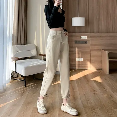 米白色直筒牛仔裤女宽松2023年春秋新款高腰显瘦小个子哈伦老爹裤商品大图