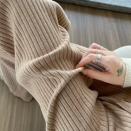 卡其垂感针织阔腿裤女2023新款秋冬高腰百搭显瘦宽松直筒休闲裤子图片