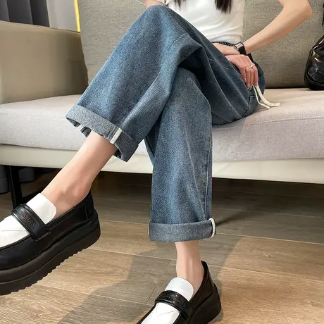 哈伦牛仔裤女2024春季新款高腰宽松显瘦复古百搭松紧腰九分老爹裤商品大图