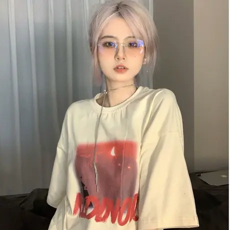 ins国潮牌日落风景纯棉T恤女夏季小众设计感下衣失踪宽松学生短袖商品大图