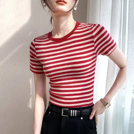 韩版红色条纹设计感短袖T恤女夏季正肩紧身显瘦外穿百搭圆领上衣图片