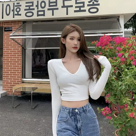 设计感小众短款T恤女春秋冬内搭高腰长袖打底衫ins潮外穿修身上衣商品大图