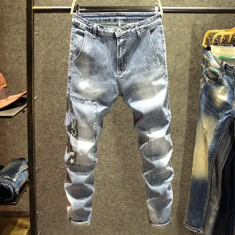 2024新款蓝色印花牛仔裤男潮牌修身小脚裤子韩版拼接九分男裤夏季商品大图