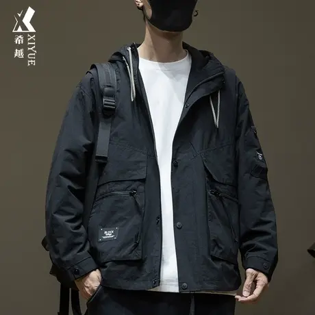 时尚多口袋夹克外套男秋冬潮牌连帽冲锋衣宽松大码登山服男士外衣商品大图