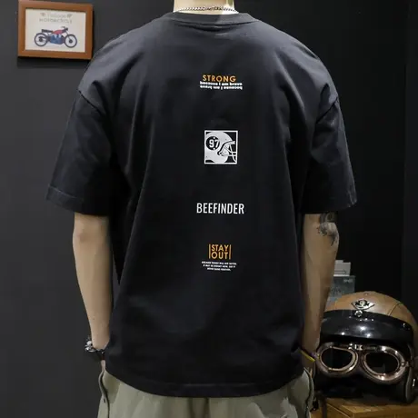 潮牌纯棉短袖t恤男士2024新款大码夏季男款黑色男装重磅胖子体恤商品大图