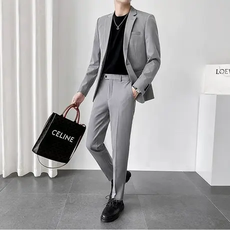 休闲灰色西装男外套痞帅青年修身西服套装韩国轻熟风结婚礼服一套商品大图