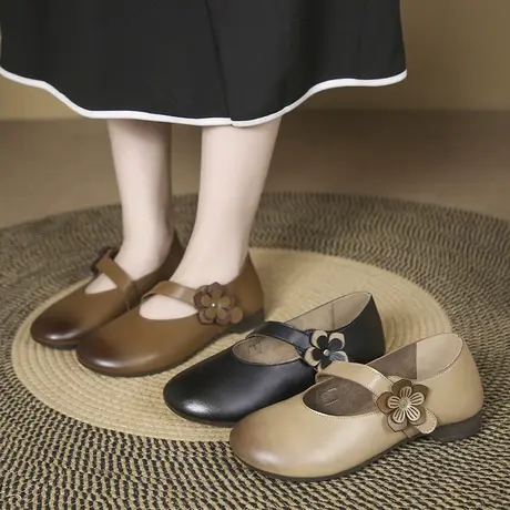 2023春夏新款森系手工花朵软皮凉鞋平跟软底复古舒适单鞋圆头女鞋商品大图